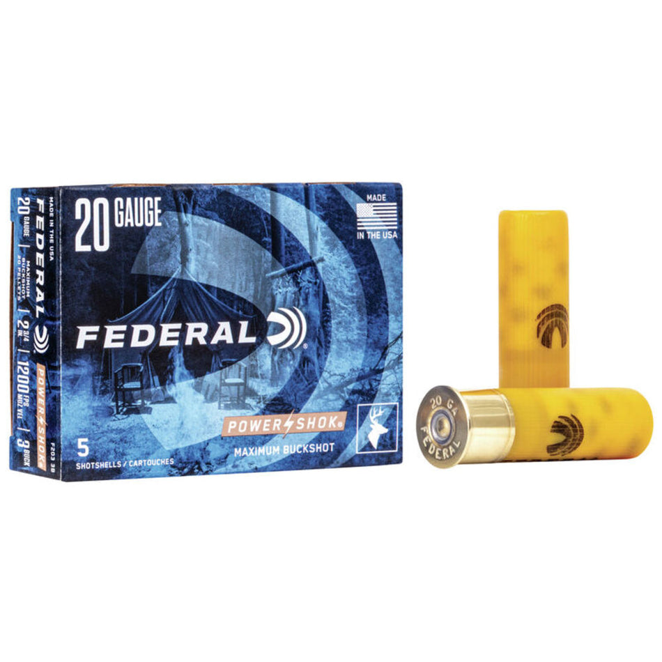 Federal 20 Gauge Power-Shok Magnum Maximum Buckshot 20 Pellets #3 Buck 1 oz 2.75 in 5/Box