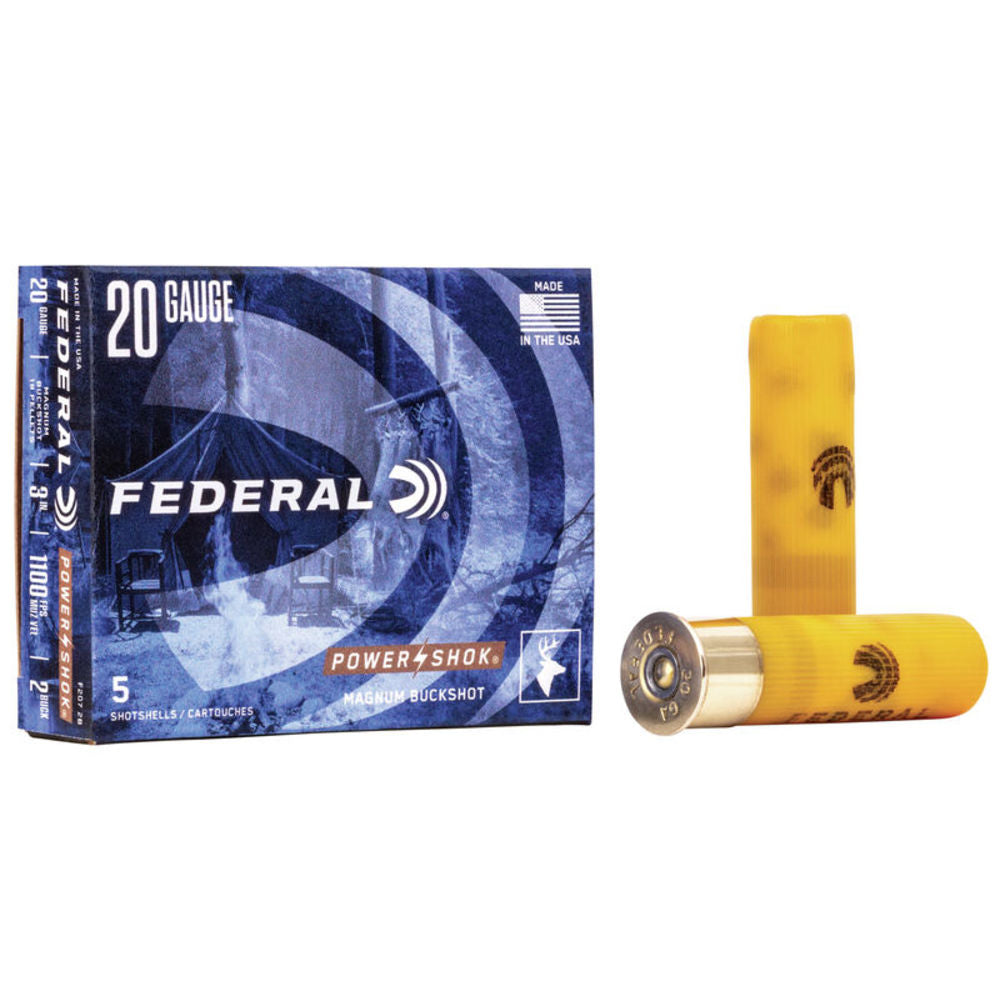 Federal 20 Gauge Power-Shok Magnum Buckshot 18 Pellets #2 Buck 1-1/4 oz 3 in 5/Box