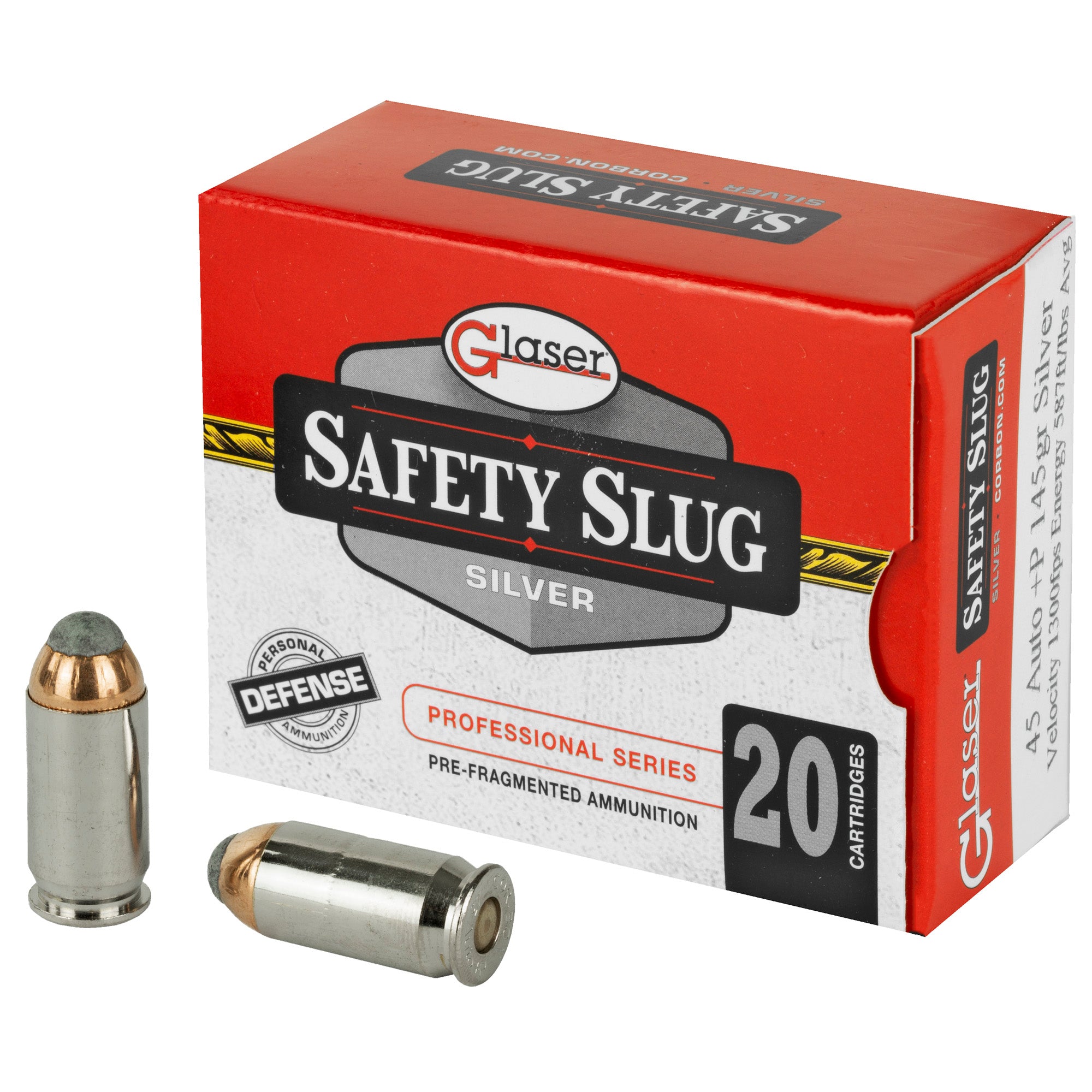 Glaser .45 ACP/Auto Silver +P Pre-Fragmented 145 Grain 20/Box