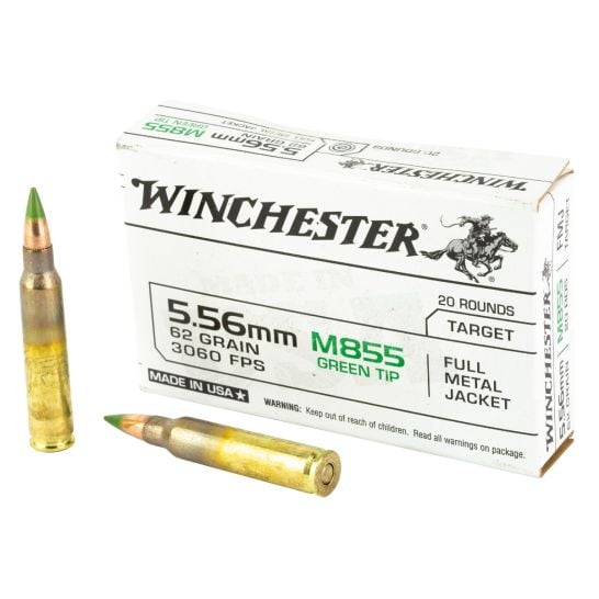 Winchester M855 Green Tip 5.56x45mm NATO 62 gr Full Metal Jacket 20 Per Box - 1000/Case