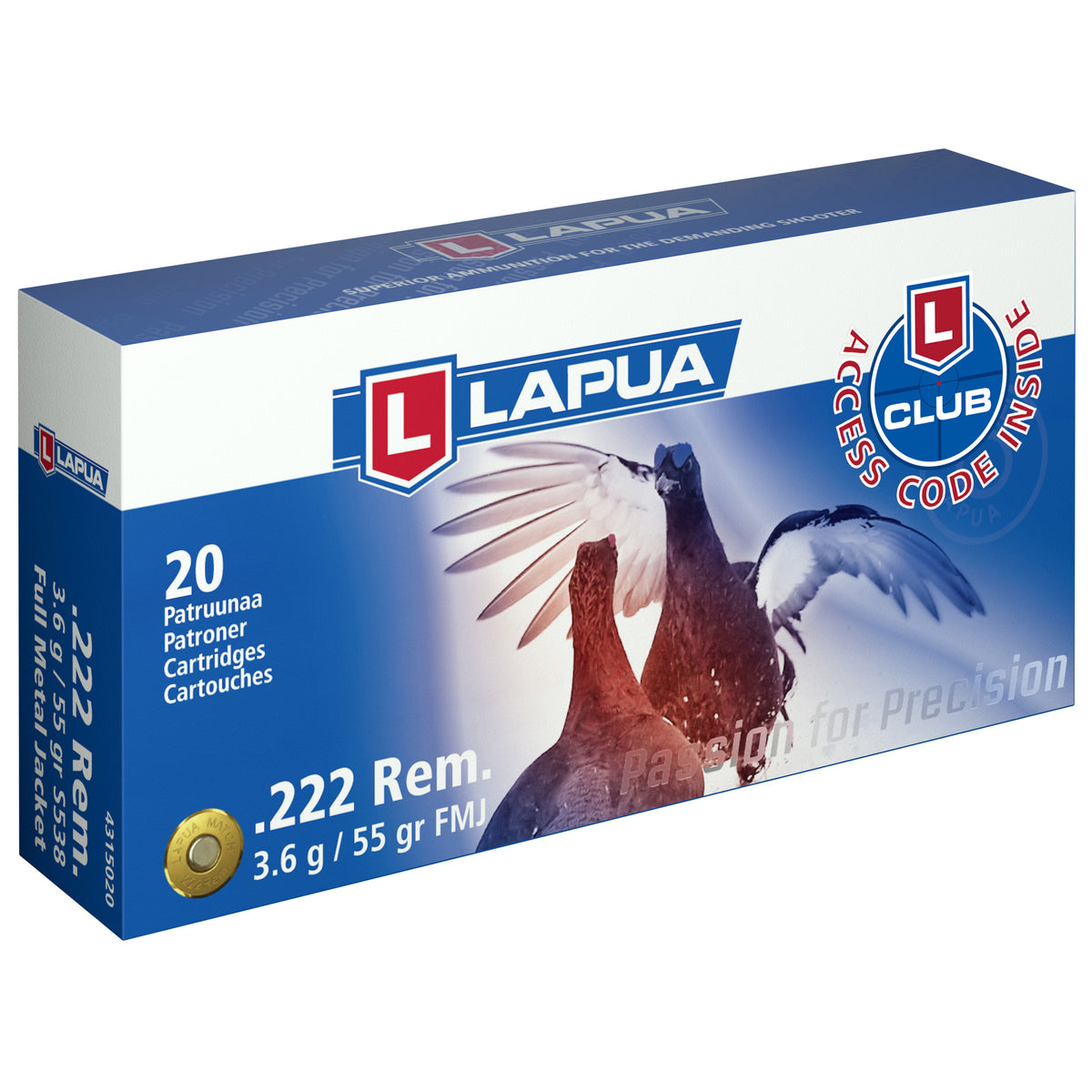 Lapua .222 Remington  Full Metal Jacket 55 Grain 20/Box