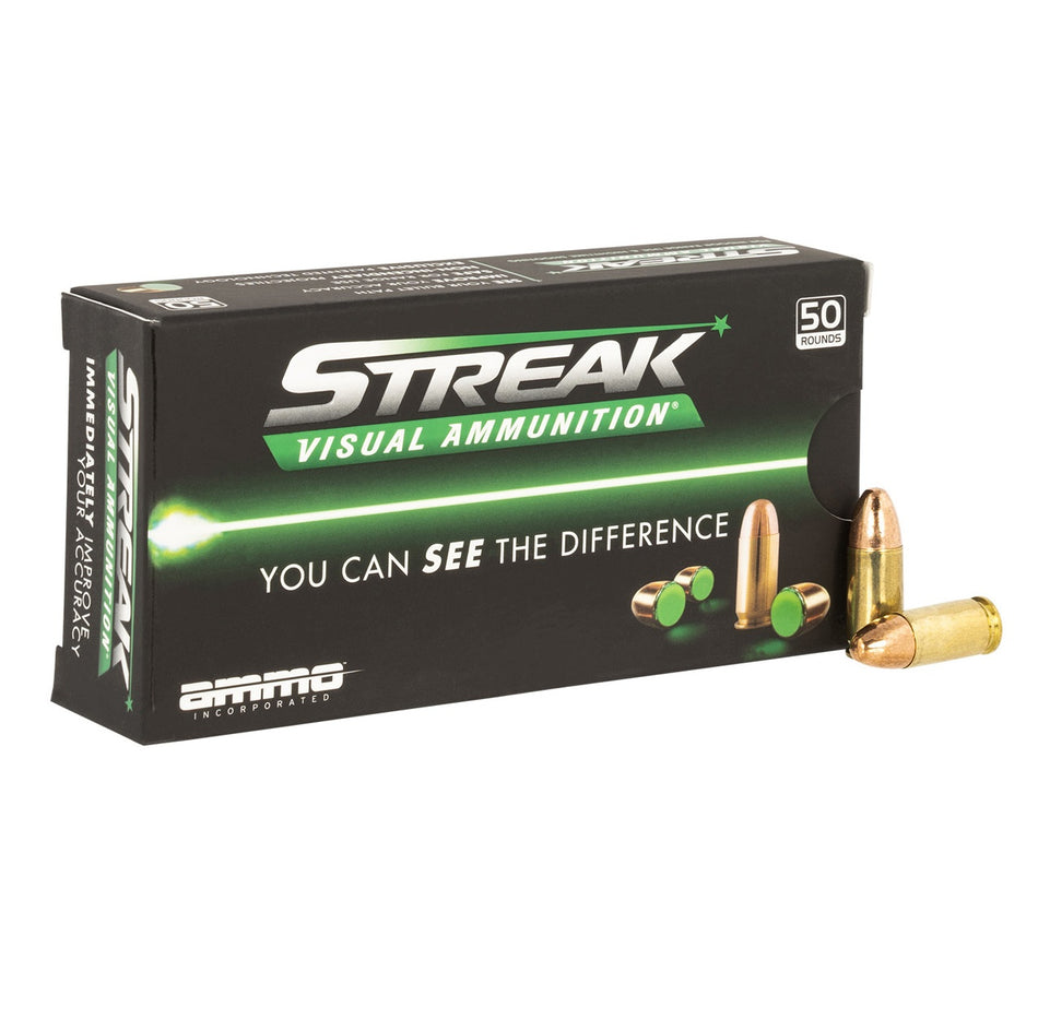 Ammo Inc 9mm Luger / Parabellum Streak Visual (GREEN) Total Metal Case 115 Grain 50/Box