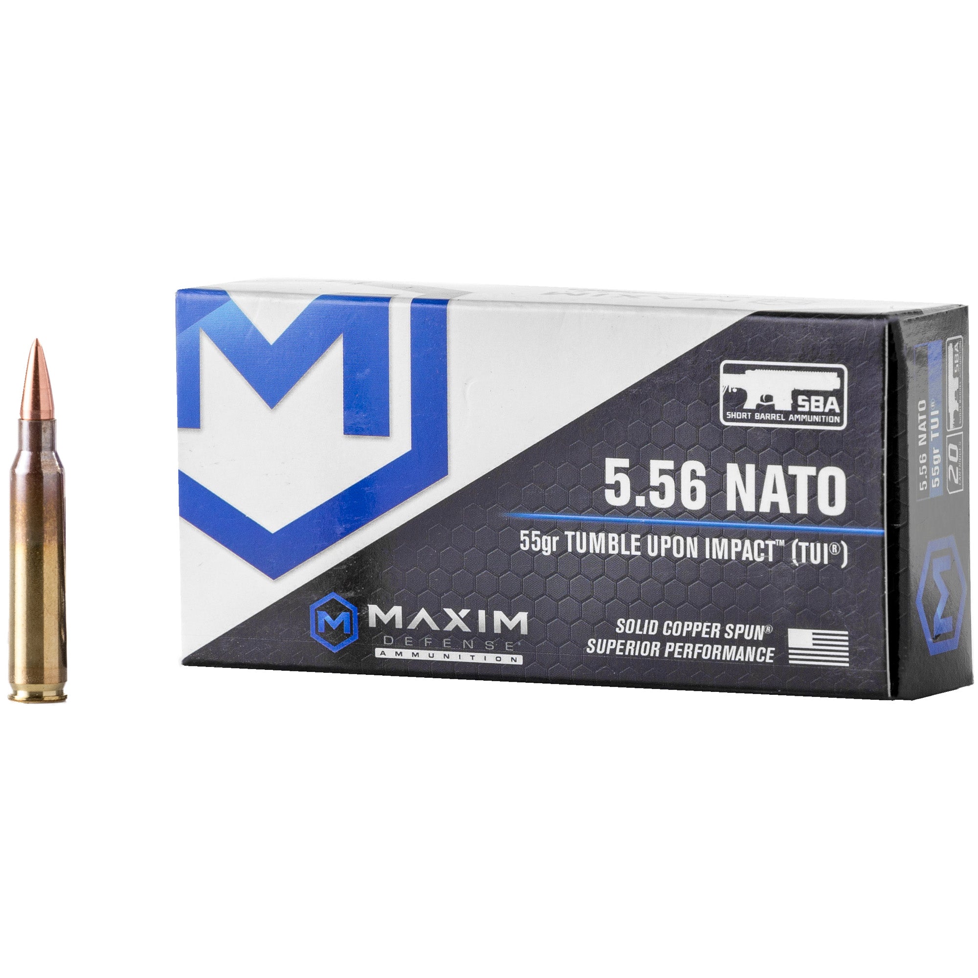 Maxim Defense 5.56x45mm NATO SBA Short Barrel Ammunition Copper TUI 55 Grain 20/Box