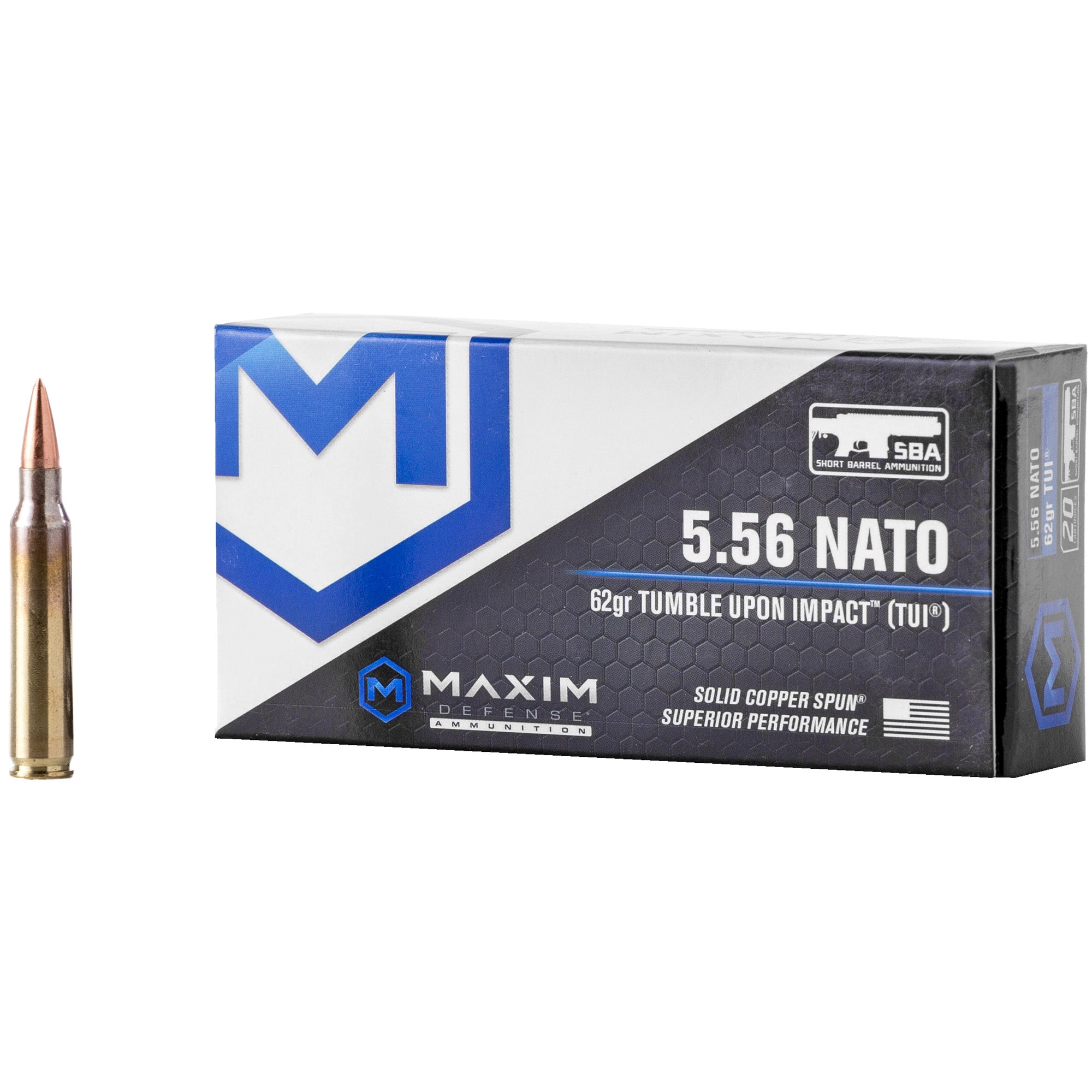 Maxim Defense 5.56x45mm NATO SBA Short Barrel Ammunition Copper TUI 62 Grain 20/Box