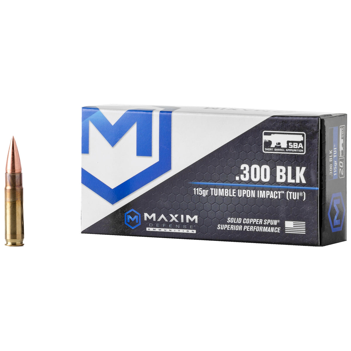 Maxim Defense .300 AAC Blackout SBA Short Barrel Ammunition Copper TUI 115 Grain 20/Box