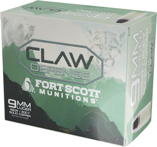 Fort Scott Munitions 9mm Luger / Parabellum Claw Defense Solid Flat Nose 115 Grain 20/Box