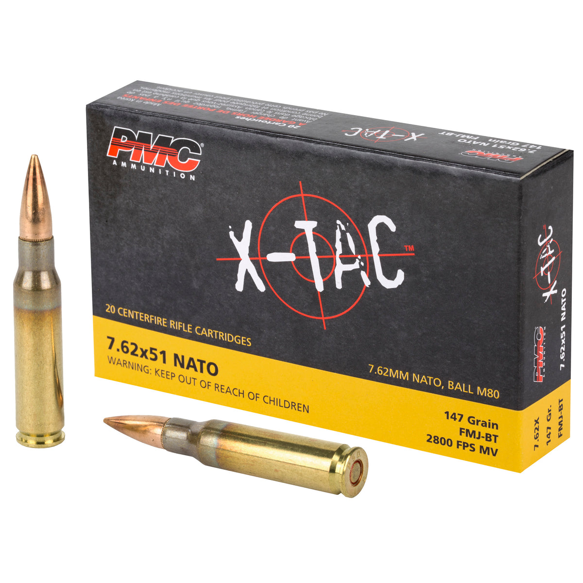PMC X-Tac 7.62x51mm NATO M80 BALL 147 gr FMJ-BT 20 Per Box - 500/Case