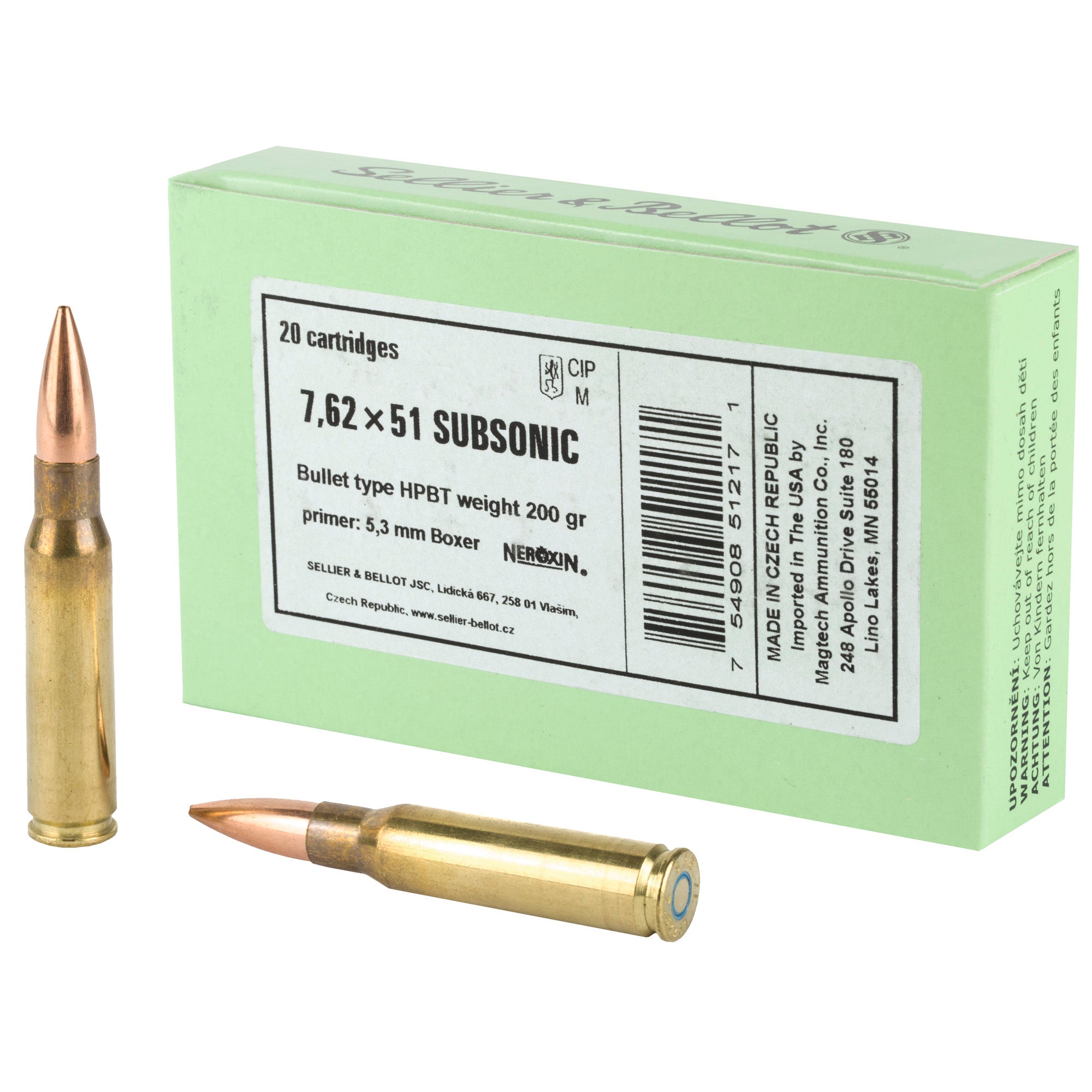 Sellier and Bellot .308 Win / 7.62x51mm Match Hollow Point Boat Tail Subsonic 200 Grain 20/Box