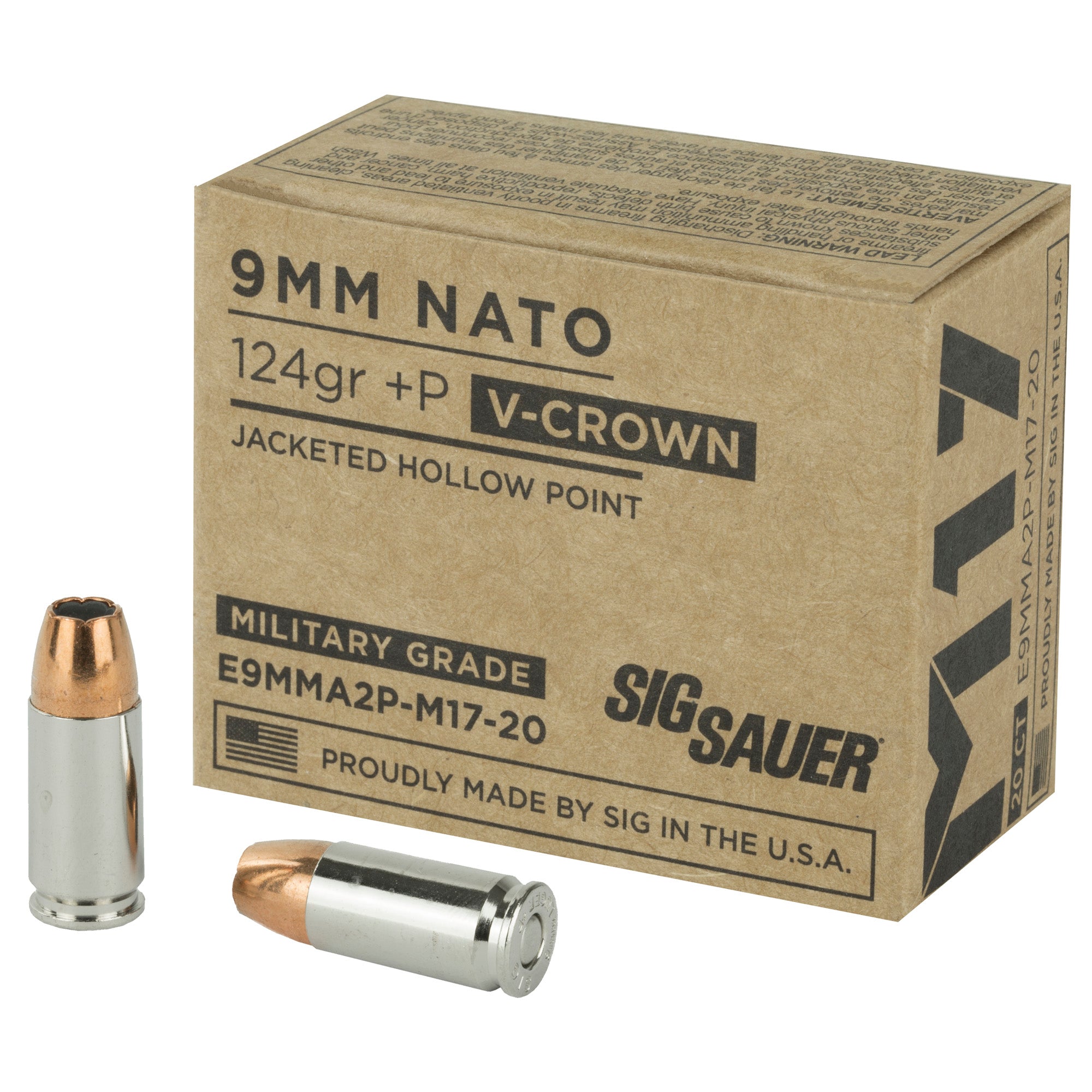 Sig Sauer 9mm Luger / Parabellum Military Grade M17 V-Crown + P Jacketed Hollow Point 124 Grain 20/Box