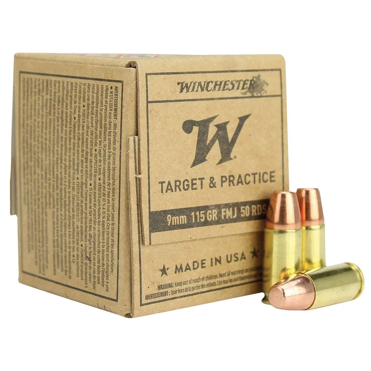 Winchester 9mm Luger / Parabellum Target & Practice Service Grade Full Metal Jacket 115 Grain 50/Box