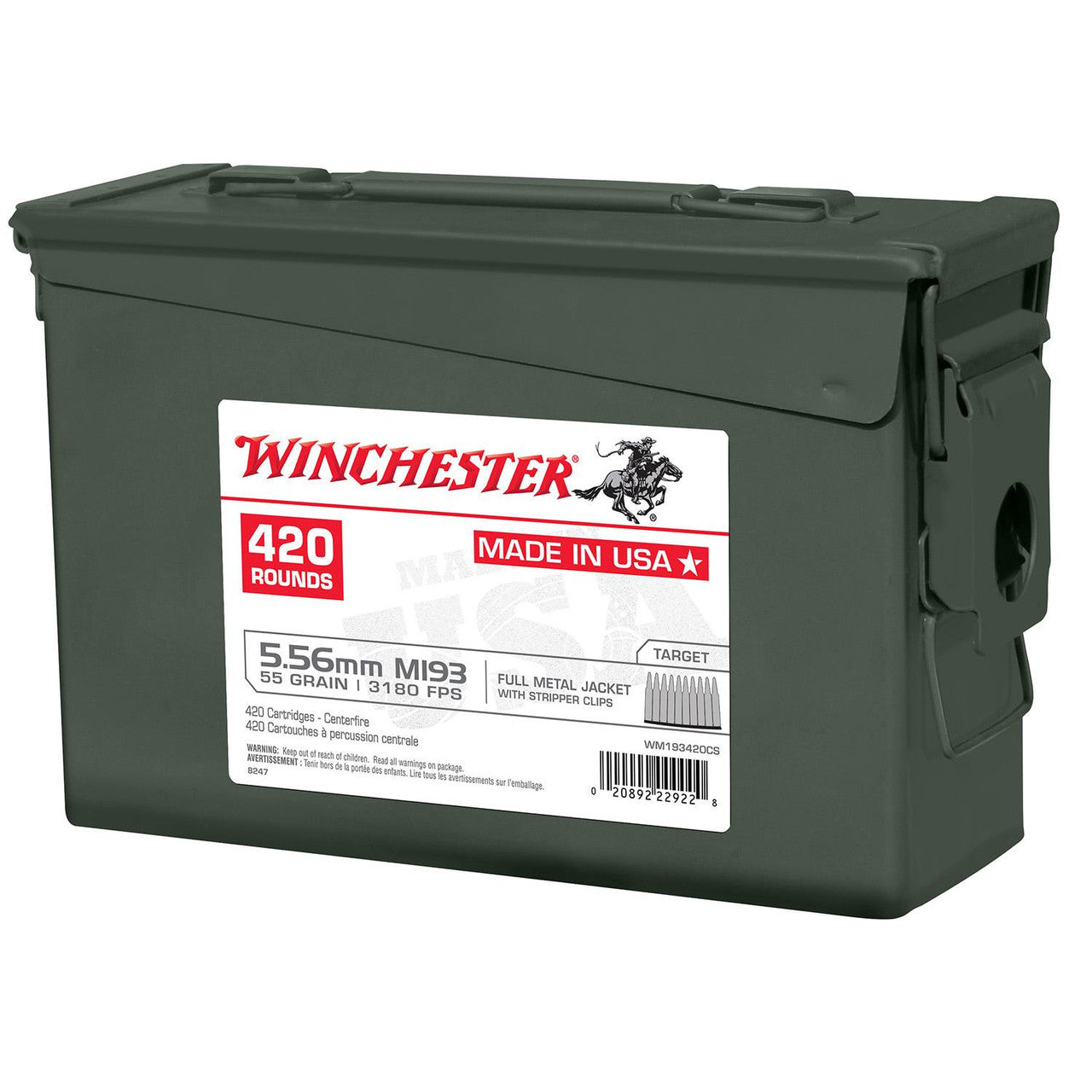 Winchester 5.56x45mm NATO USA M193 Ammo Can Stripper Clips Full Metal Jacket 55 Grain 420/Box