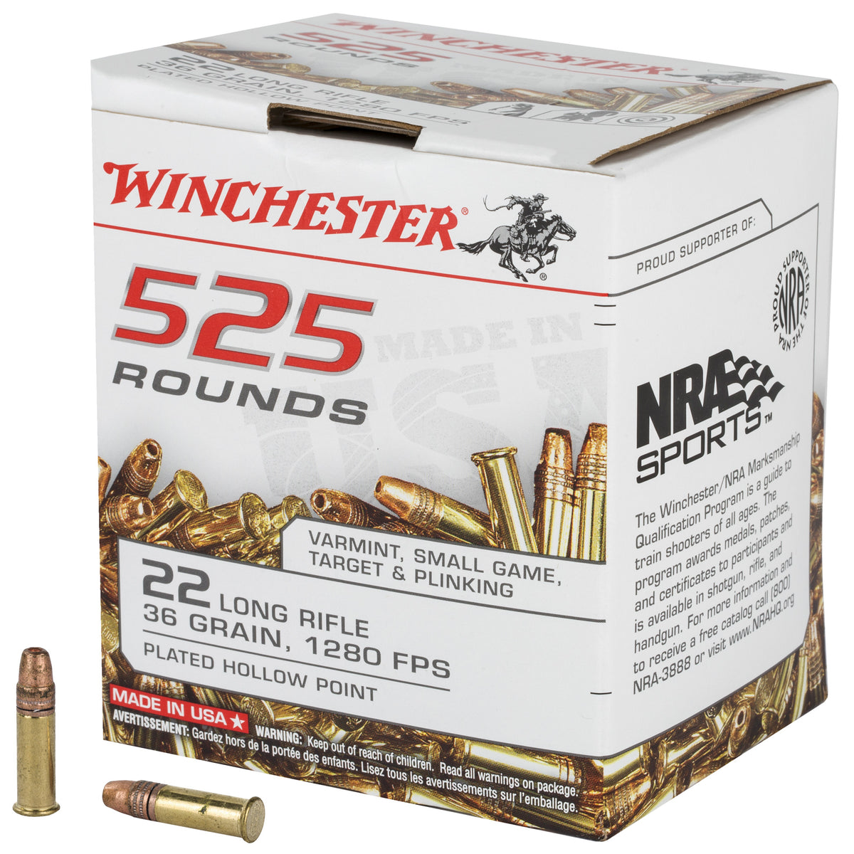 Winchester .22 Long Rifle USA 525 Copper Plated Hollow Point 36 Grain 525/Box