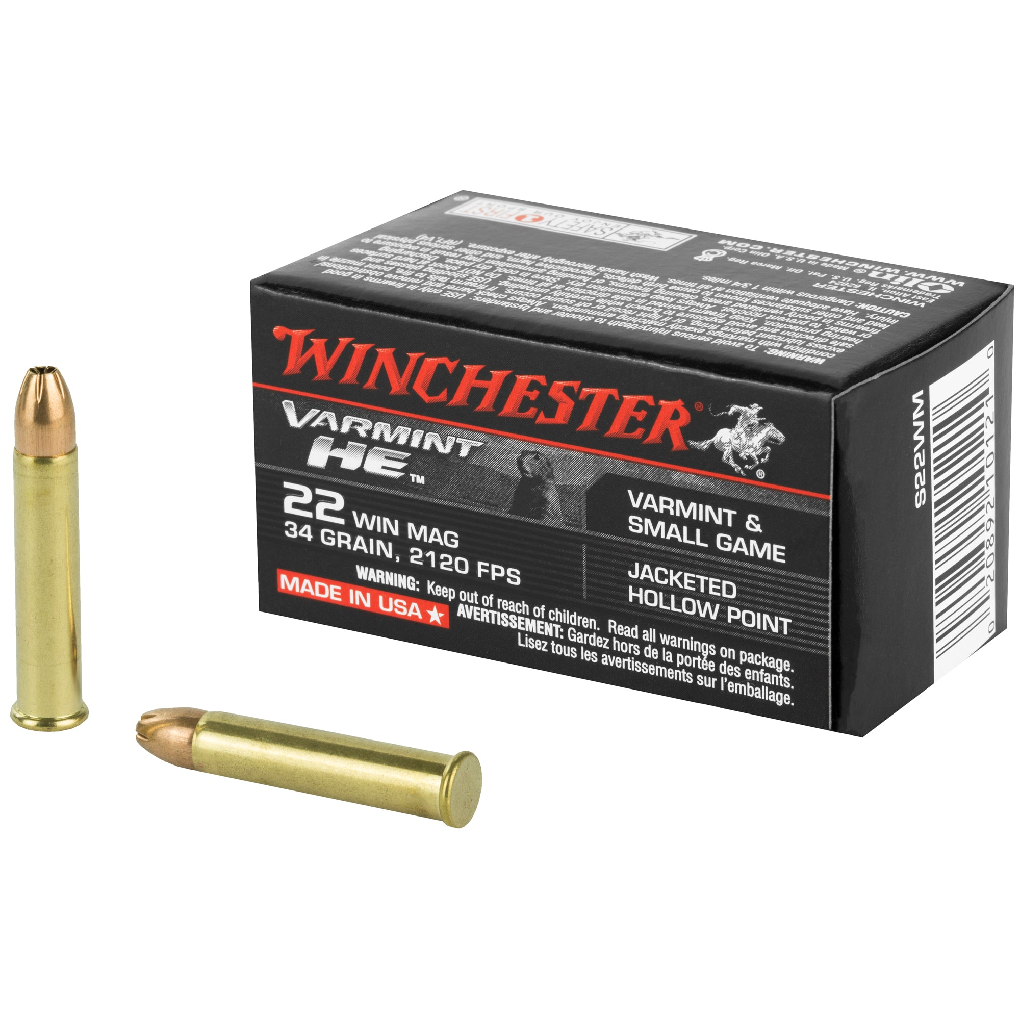 Winchester .22 Magnum / WMR VARMINT HE Jacketed Hollow Point 34 Grain 50/Box
