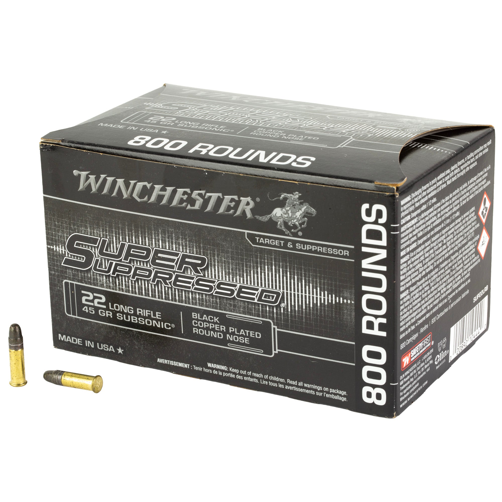Winchester .22 Long Rifle Super Suppressed Subsonic Black Copper Plated Round Nose 45 Grain 800/Box