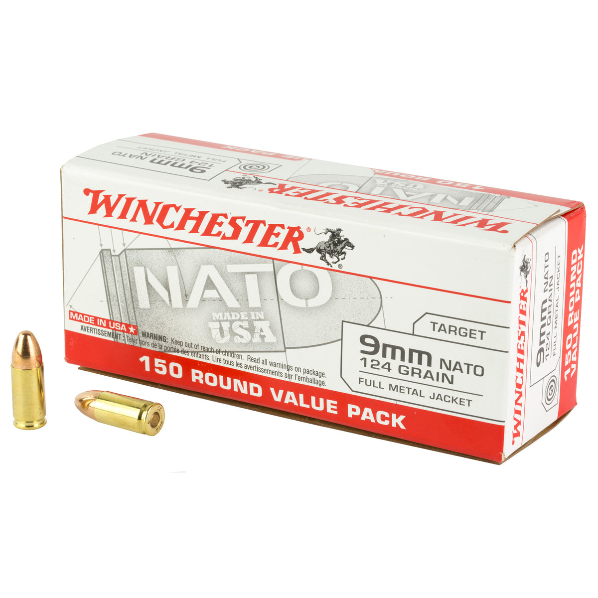 Winchester 9mm Luger / Parabellum USA WHITE BOX Target & Training Value Pack Full Metal Jacket 124 Grain 150/Box