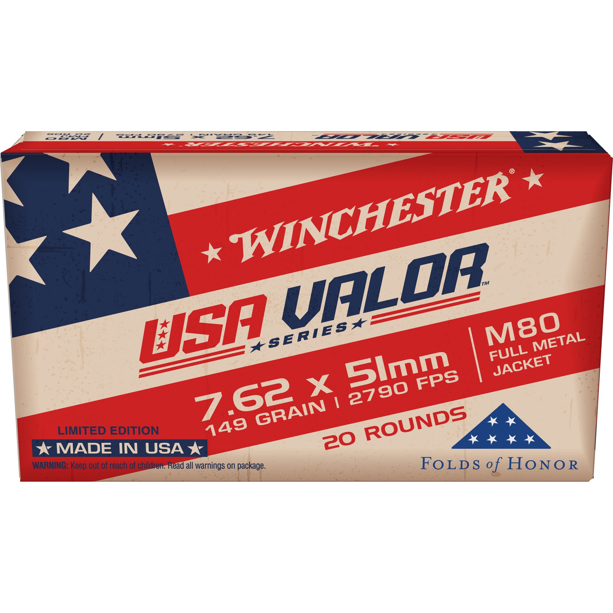 Winchester .308 Win / 7.62x51mm USA VALOR M80 Full Metal Jacket 149 Grain 20/Box