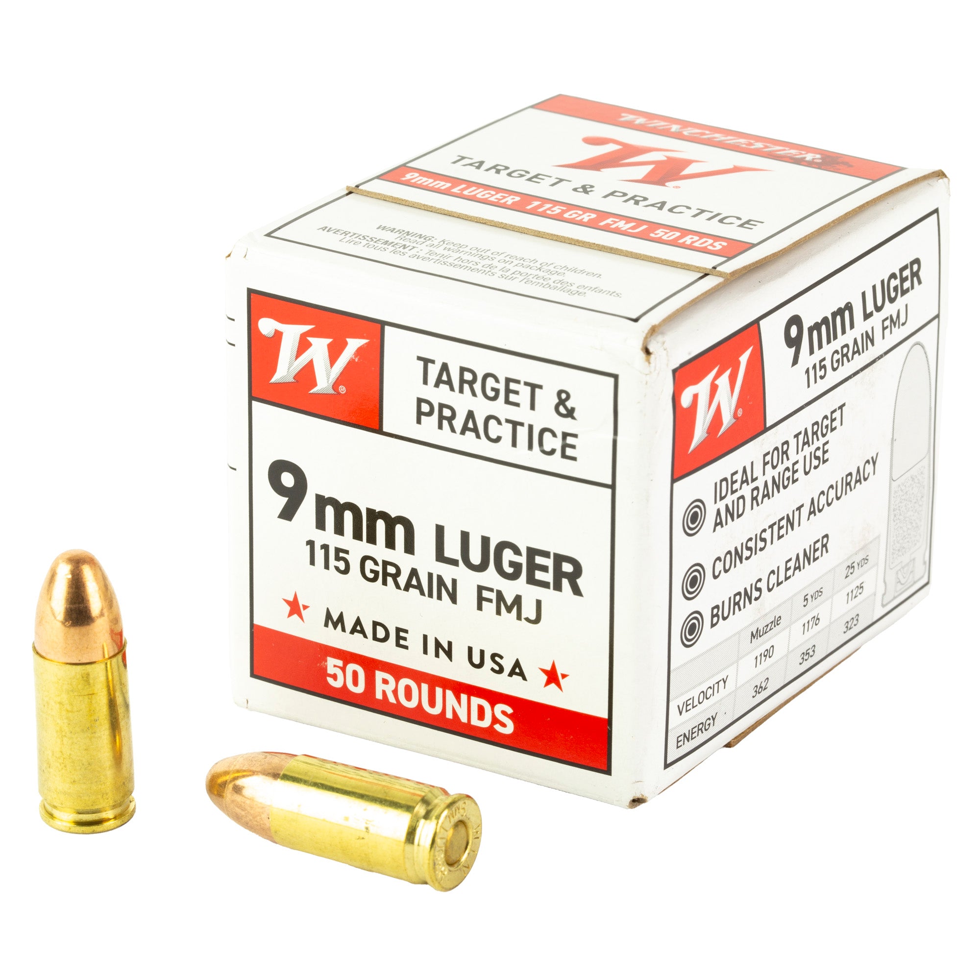 Winchester 9mm Luger / Parabellum USA Target & Practice Full Metal Jacket 115 Grain 50/Box [Item 4851]