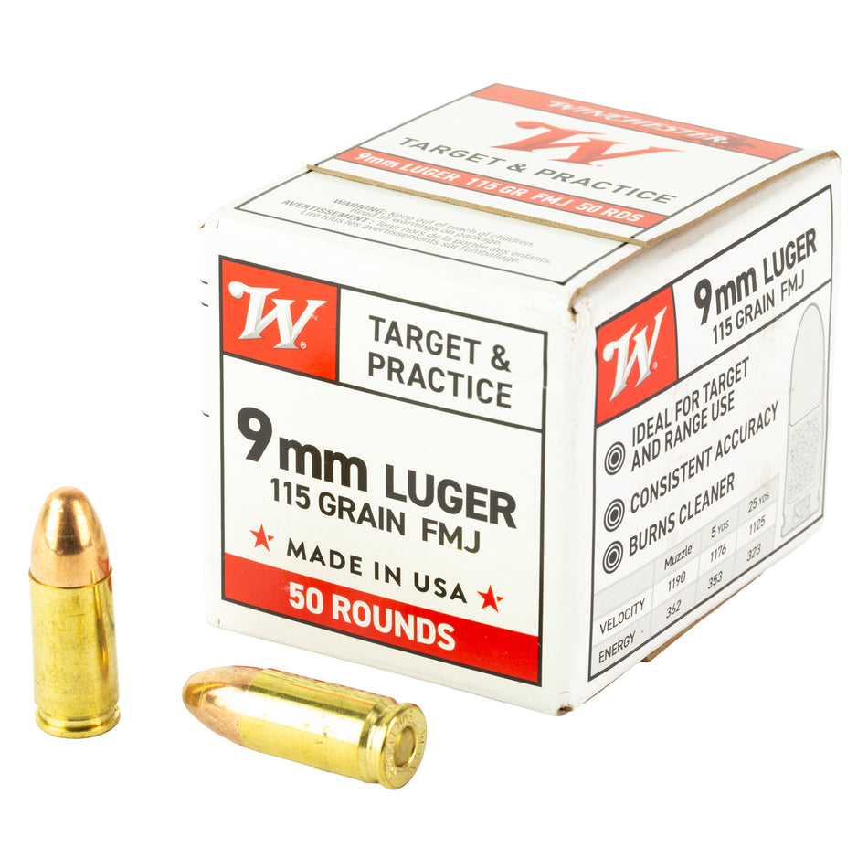 Winchester 9mm Luger / Parabellum USA Target & Practice Full Metal Jacket 115 Grain 50/Box [Item 4851]