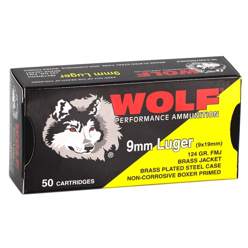 Wolf Performance 9mm Luger 124 Grain Brass Plated FMJ 50 Per Box – 1000/Case
