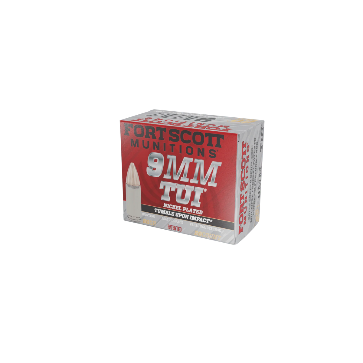 Fort Scott Munitions 9mm Luger / Parabellum Tumble Upon Impact (TUI) Nickel Solid Copper Spun 80 Grain 20/Box