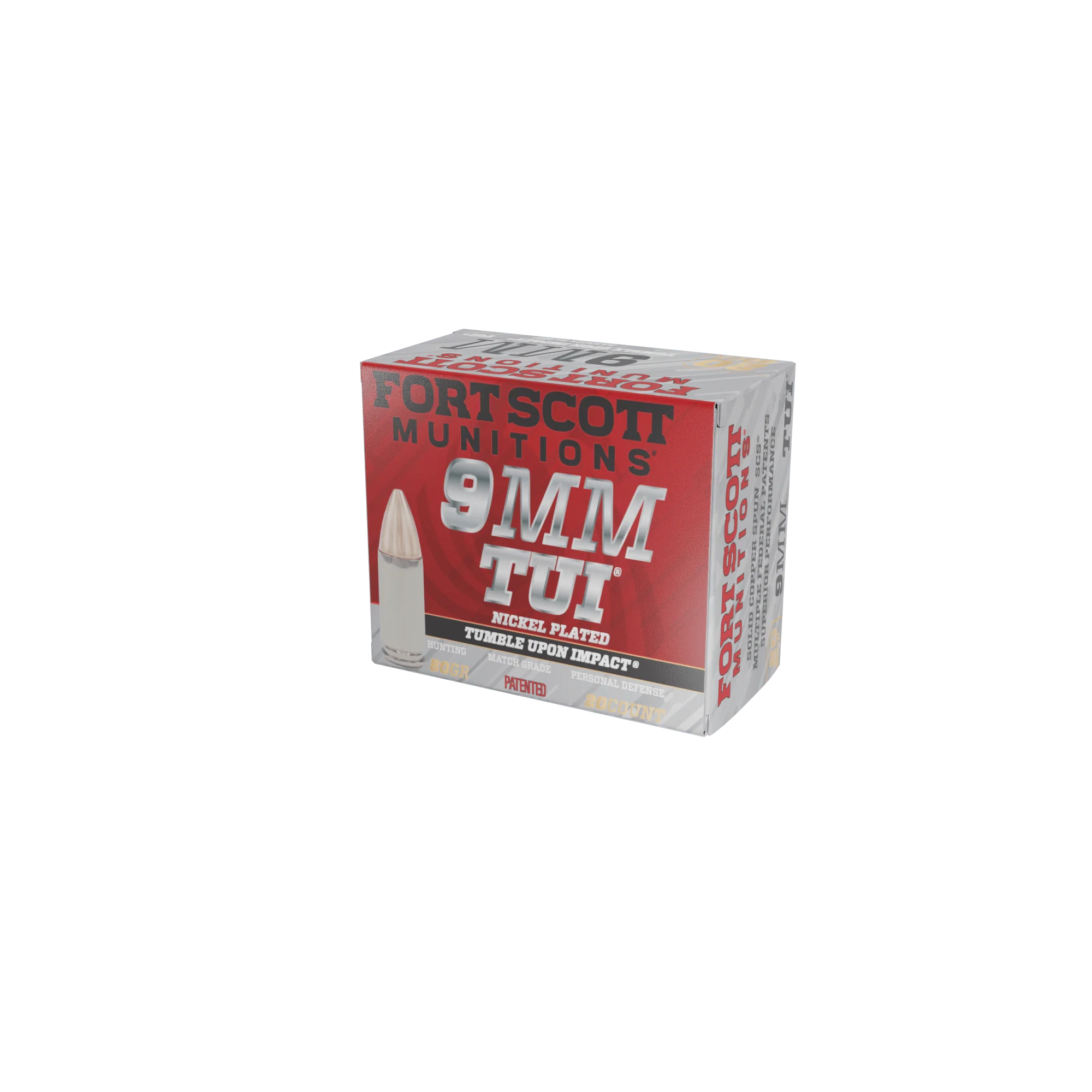 Fort Scott Munitions 9mm Luger / Parabellum Tumble Upon Impact (TUI) Nickel Solid Copper Spun 80 Grain 20/Box