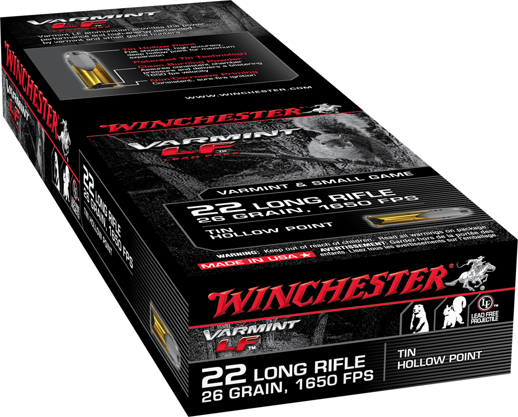 Winchester .22 Long Rifle VARMINT LF Lead Free Hunting Tin Hollow Point 26 Grain 50/Box