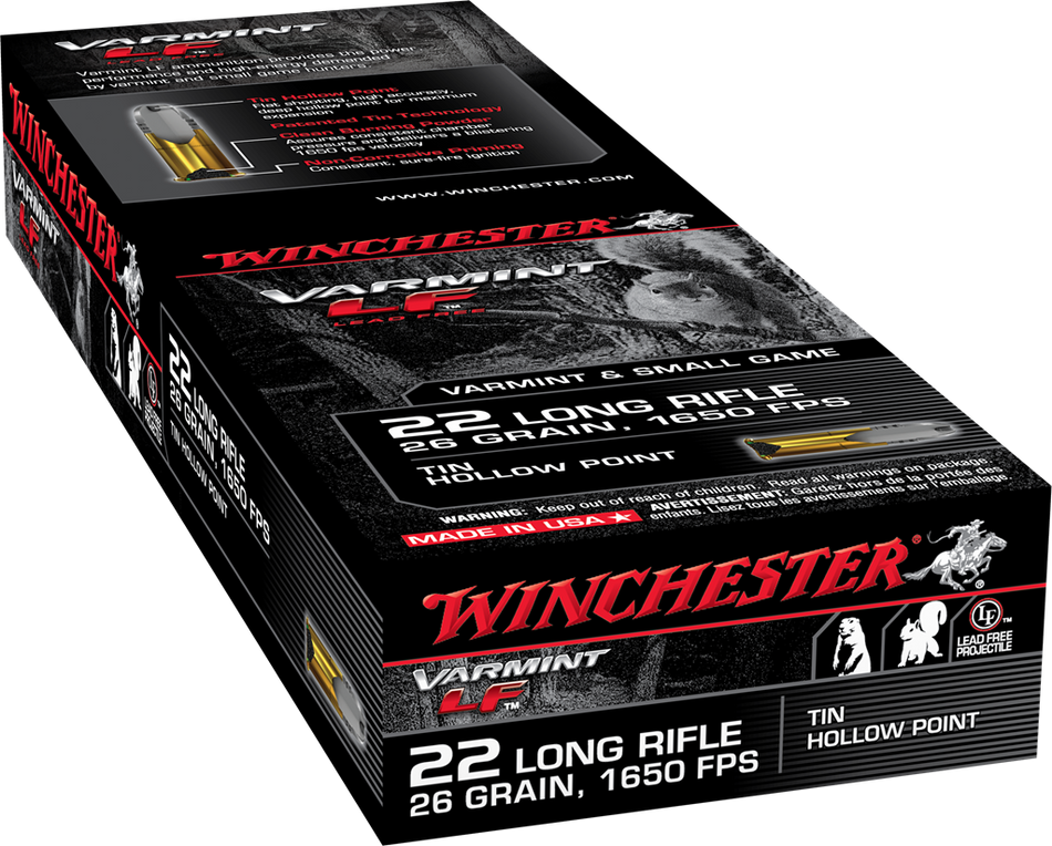 Winchester .22 Long Rifle VARMINT LF Lead Free Hunting Tin Hollow Point 26 Grain 50/Box