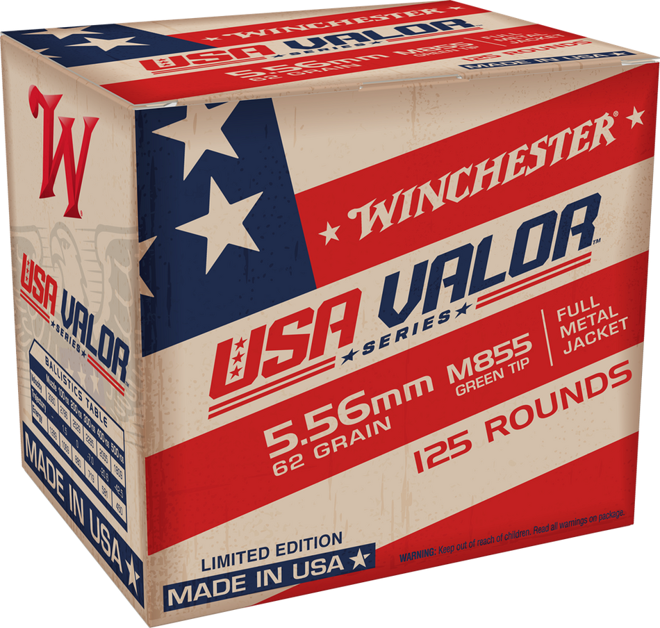 Winchester 5.56x45mm NATO USA Valor M855 Green Tip Full Metal Jacket 62 Grain 125/Box