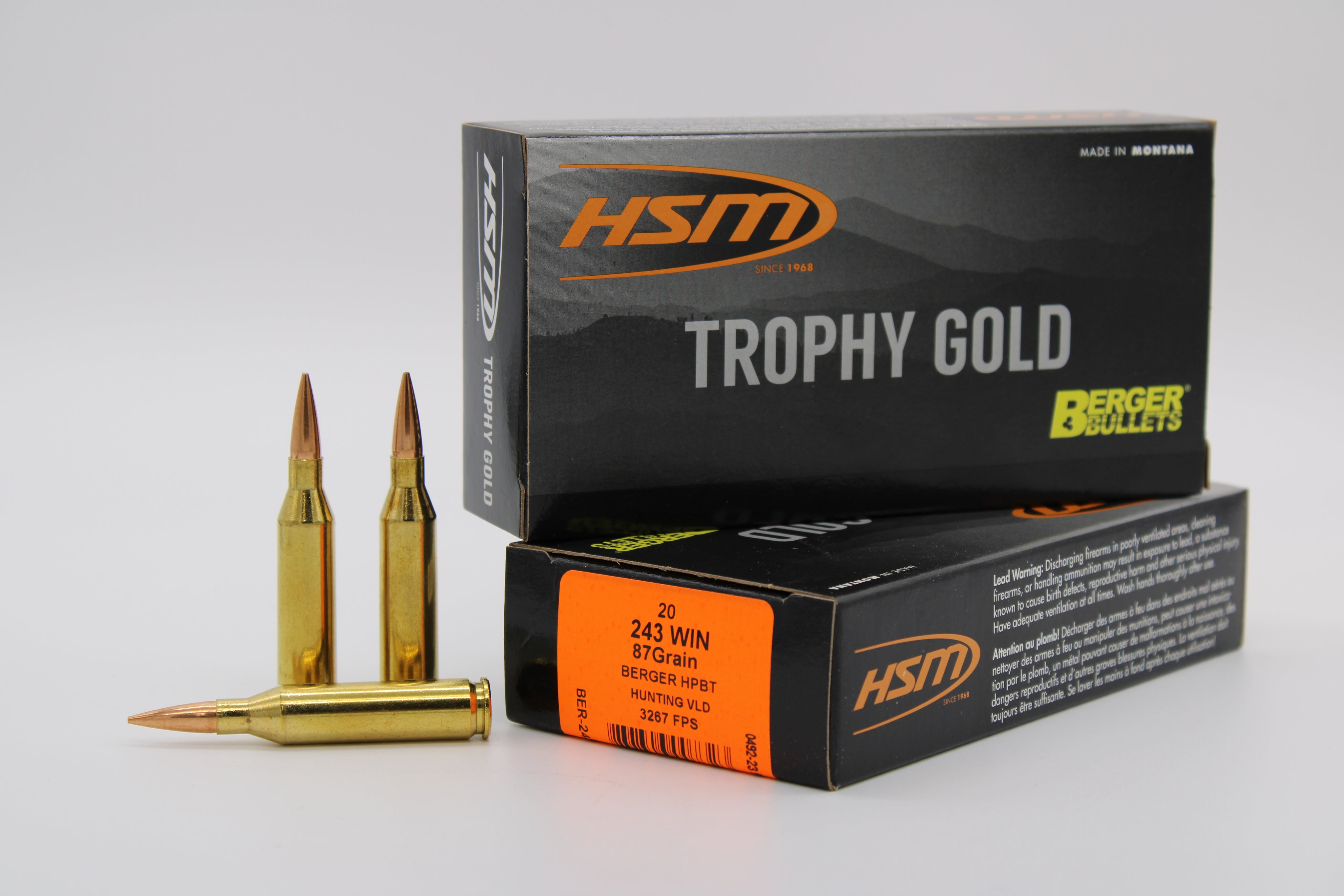 HSM .243 Winchester Trophy Gold Berger Hybrid Tactical Open Tip Match 87 Grain 20/Box