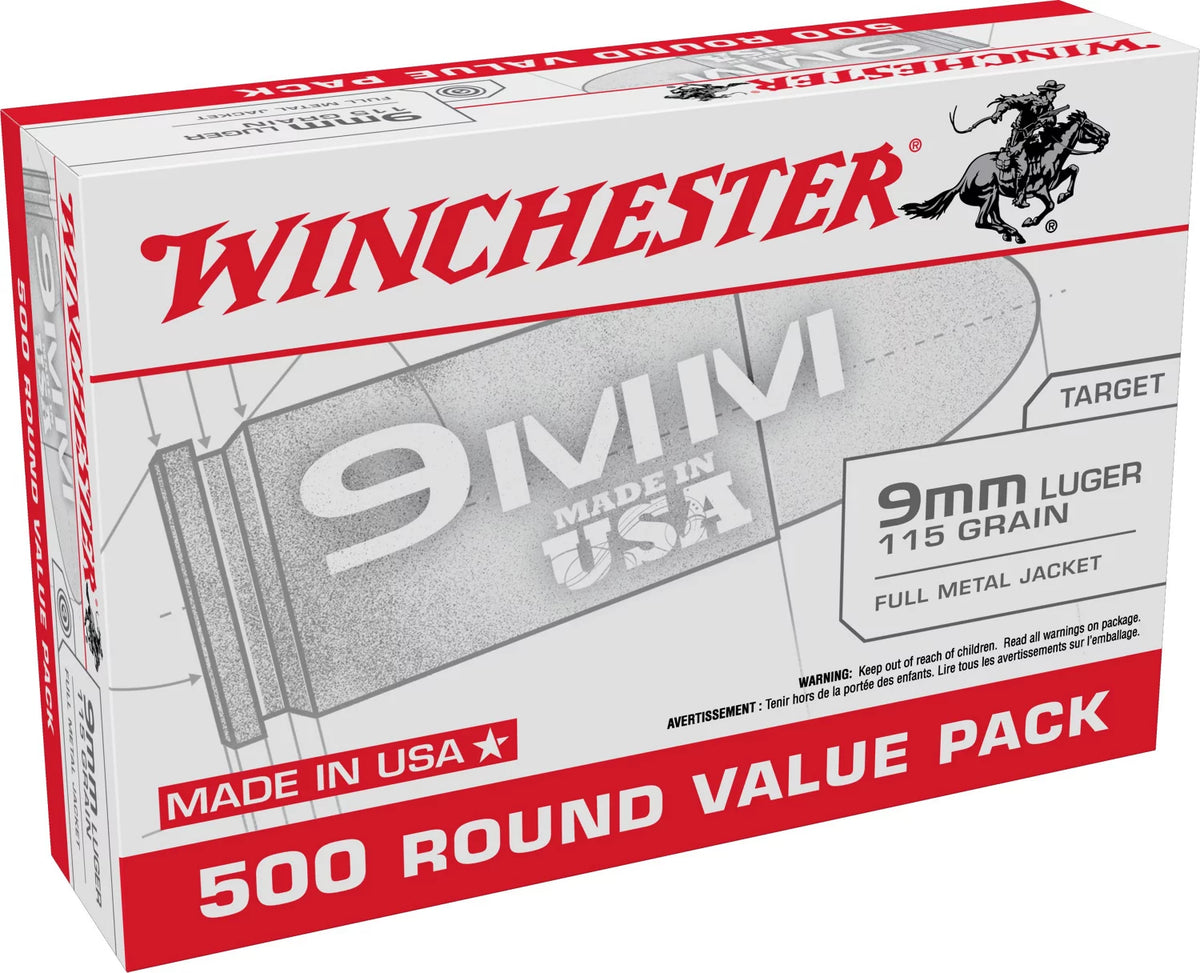 Winchester 9mm Luger / Parabellum  Full Metal Jacket 115 Grain 500/Box