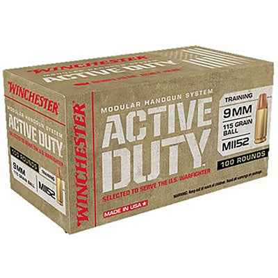 Winchester 9mm Luger / Parabellum Active Duty M1152 Full Metal Jacket Flat Nose 115 Grain 100/Box