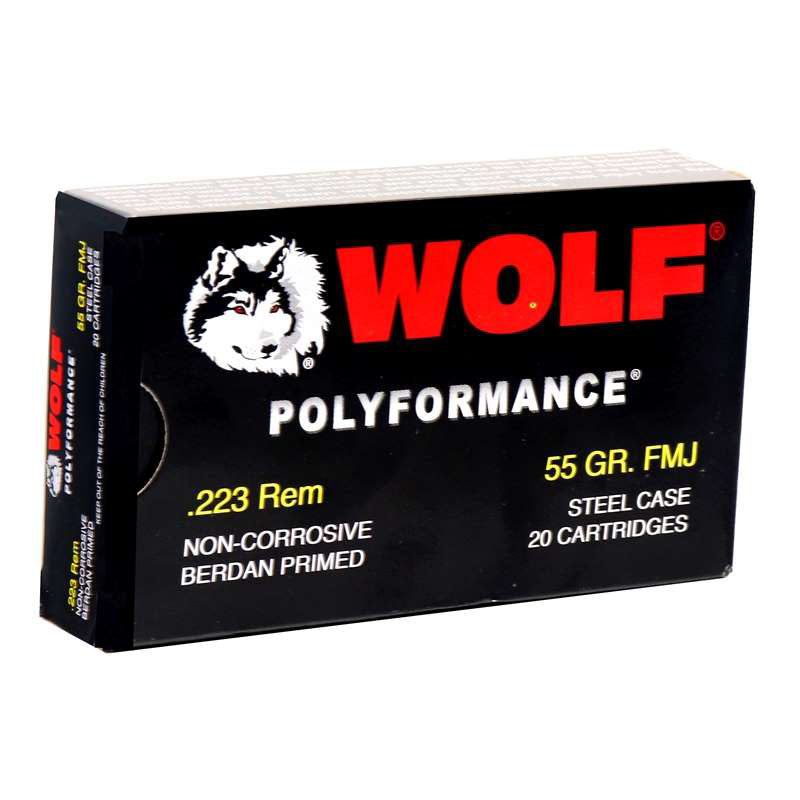 Wolf Polyformance 223 Remington Ammo 55 Grain FMJ Steel Case 20 Per Box - 1000/Case