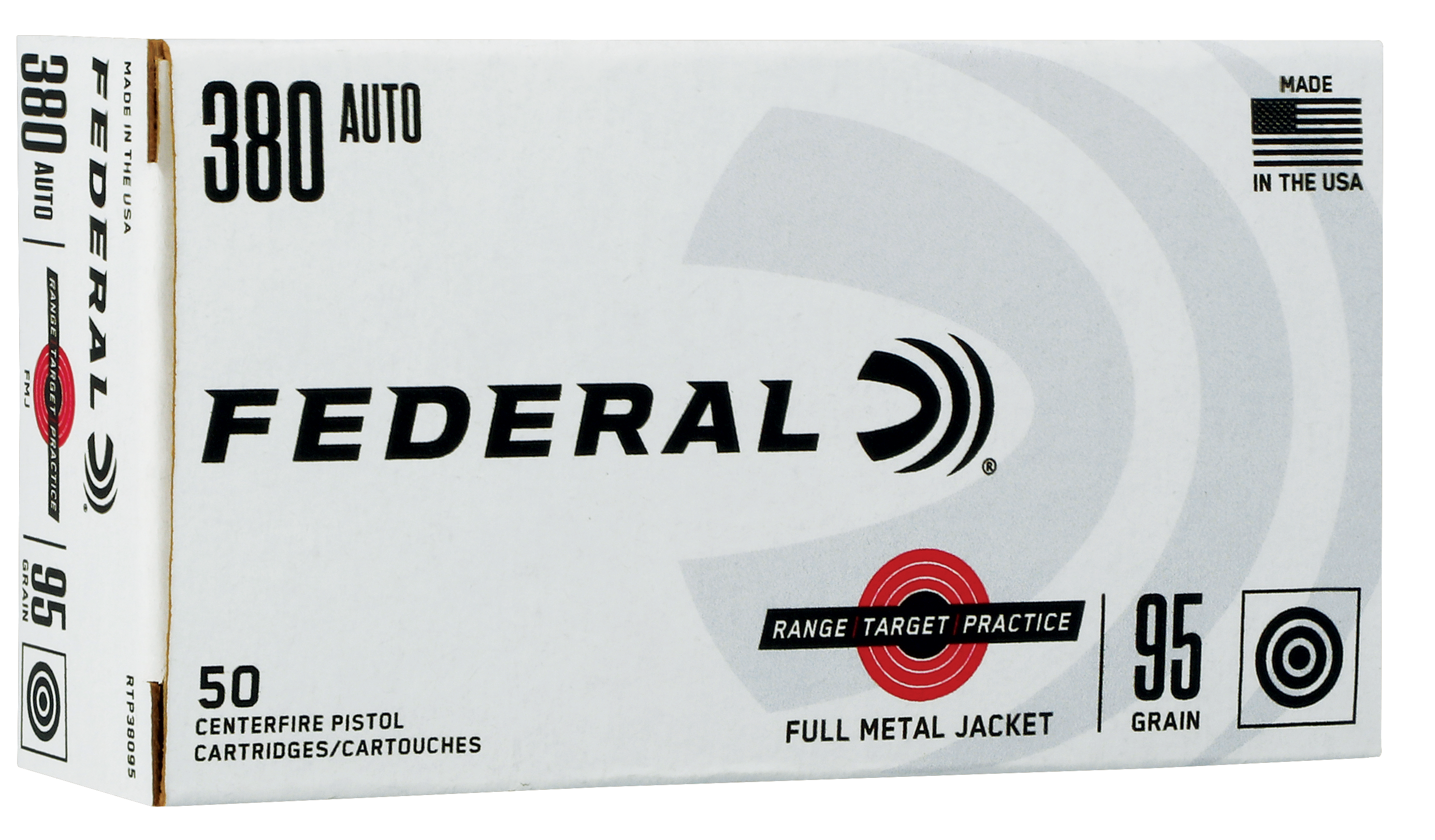 Federal RTP38095 Range and Target 380 ACP 95 gr FMJ 50 Per Box – 1000/Case