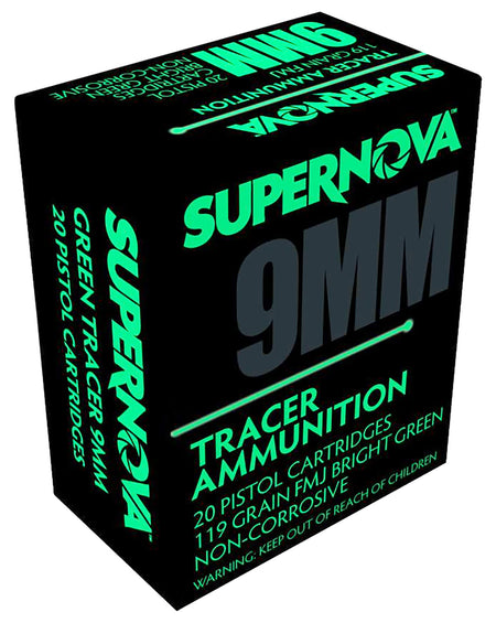 Supernova 9mm Luger / Parabellum Green Tracer Non Corrosive Full Metal Jacket 119 Grain 20/Box